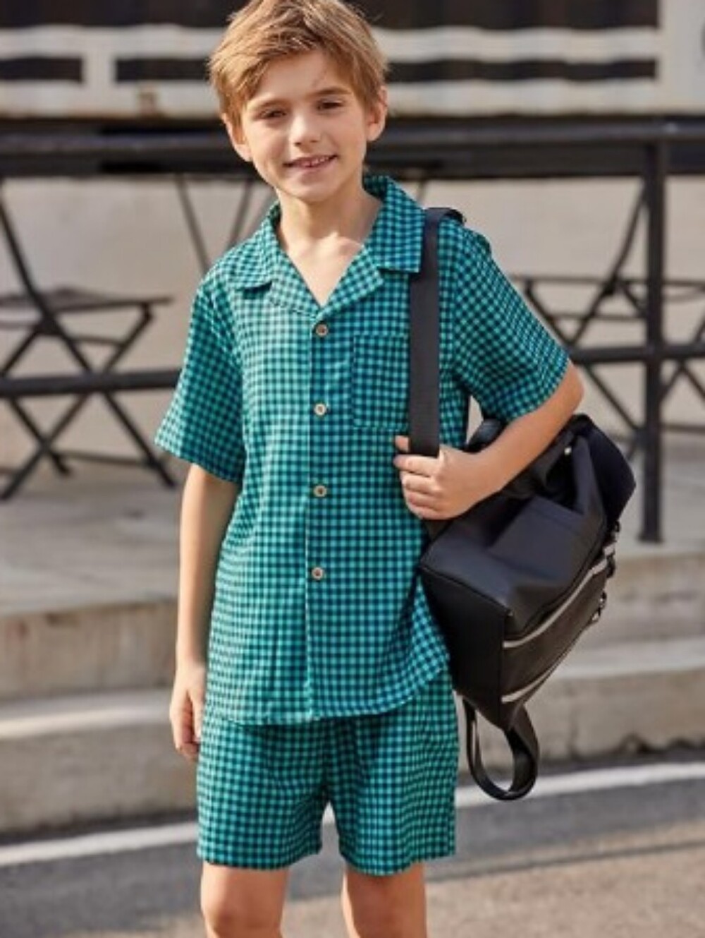 Boys 2 Piece Textured Button Down Shirt and Shorts Green